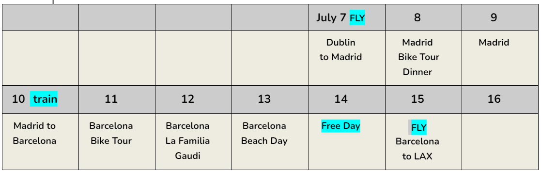 madrid to Bar calendar